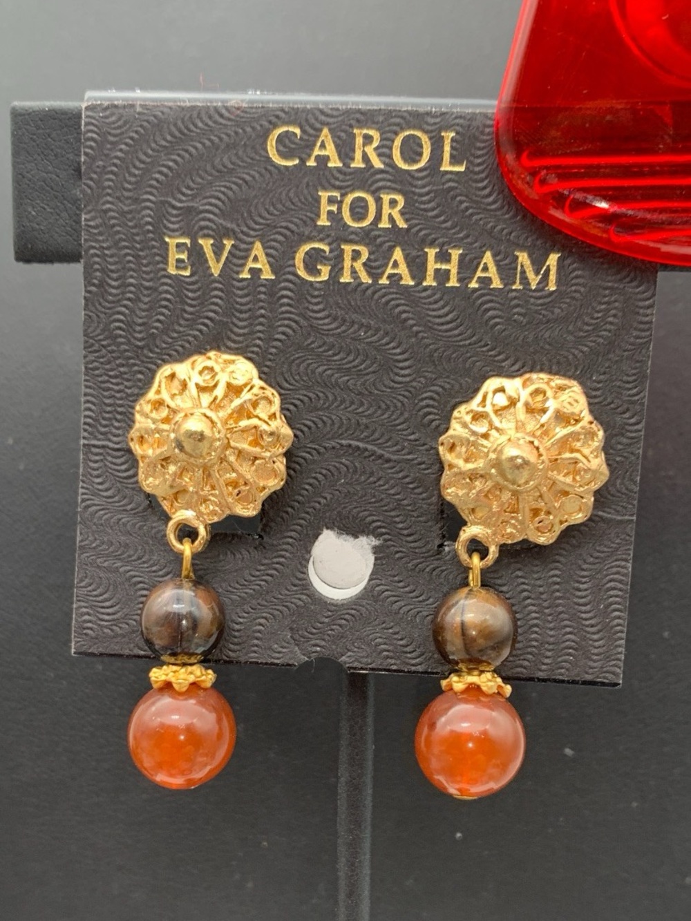 Vintage NOS Gold-Tone Drop clip on Earrings with Orange and Brown Beads